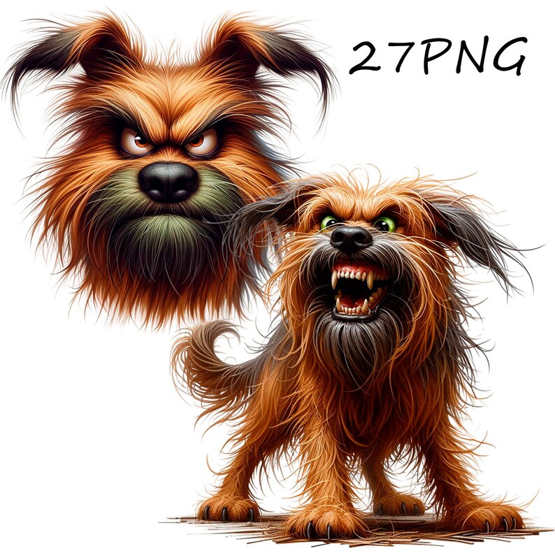 Puede incluir: Dos perros de dibujos animados con pelo marr&oacute;n y negro. El perro de la izquierda tiene una expresi&oacute;n seria y el perro de la derecha est&aacute; gru&ntilde;endo con la boca abierta.