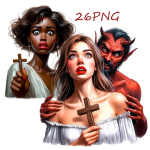 Op de afbeelding: Digitale kunst met twee vrouwen en een rode demon. De vrouwen, met grote ogen en rode lippen, houden houten kruisen vast. De demon, met hoorns en een sinistere grijns, staat achter een vrouw. De tekst "26PNG" staat rechtsboven.