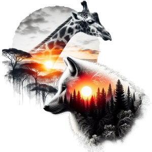 May include: A black and white illustration of a wolf and a giraffe with a sunset and forest scene inside their heads. The wolf is on the left and the giraffe is on the right. The sunset is red, orange, and yellow. The forest is black and green.