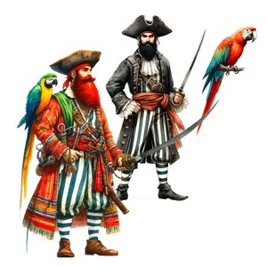 May include: Two pirates, one with a red beard and a parrot on his shoulder, the other with a black beard and a parrot in his hand. Both are wearing striped pants and holding swords.