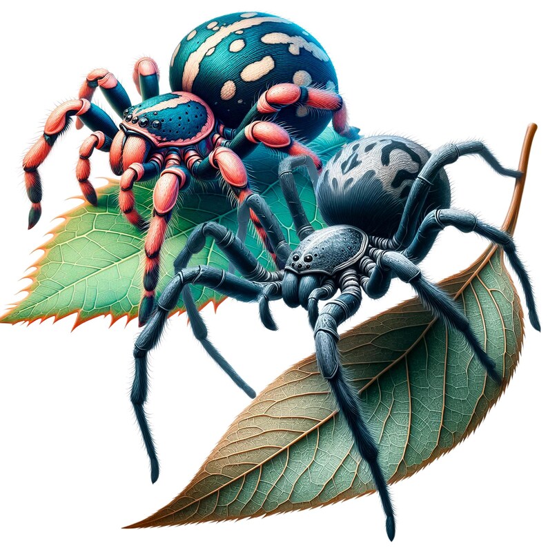 Pode incluir: Duas aranhas em uma folha verde. A aranha &agrave; esquerda &eacute; vermelha e azul com manchas brancas. A aranha &agrave; direita &eacute; preta e azul com manchas brancas.