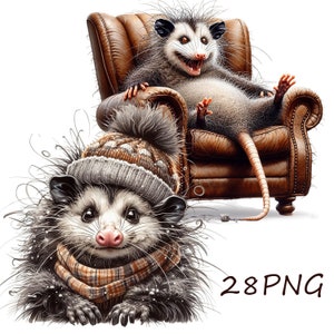 Peut inclure: Illustration fantaisiste de deux opossums. L'un est assis dans un fauteuil en cuir marron, souriant. L'autre porte un bonnet en tricot et une écharpe à carreaux. Le texte "28PNG" est visible en bas de l'image.