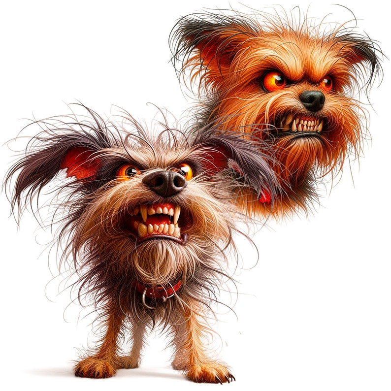 Puede incluir: Dos perros de dibujos animados con expresiones de enfado. El perro de la izquierda est&aacute; de pie sobre sus cuatro patas y tiene pelo marr&oacute;n y negro. El perro de la derecha solo muestra su cabeza y tiene pelo marr&oacute;n.