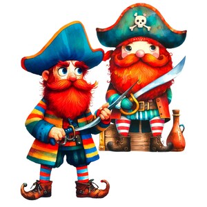 May include: Two cartoon pirates with red beards and colorful clothing. One pirate is holding a sword and the other is standing on a wooden box.