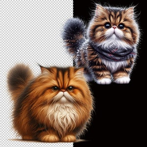 Puede incluir: Dos gatos persas esponjosos con pelo largo. Un gato es marr&oacute;n y naranja con una barba blanca. El otro gato es marr&oacute;n y blanco con una bufanda de cuadros negros y blancos alrededor del cuello.