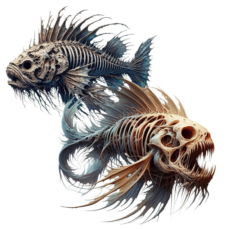 Op de afbeelding: Twee skelettige vissen met gedetailleerde botstructuren en scherpe tanden. De vissen bevinden zich op een witte achtergrond. De vissen zijn in een realistische stijl.