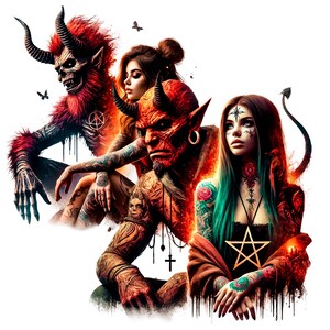 May include: A digital illustration depicting three figures with demonic characteristics. A red demon with horns and a long tail, a woman with red hair and horns, and a woman with long blue hair and a pentagram necklace. The figures are surrounded by flames and smoke.