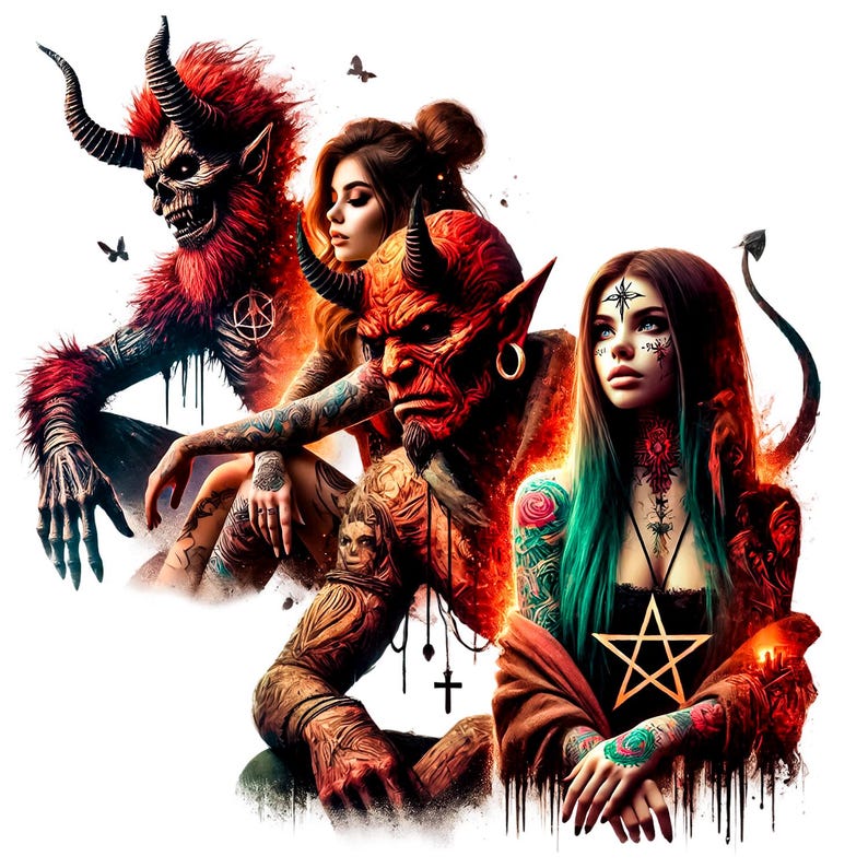 May include: A digital illustration depicting three figures with demonic characteristics. A red demon with horns and a long tail, a woman with red hair and horns, and a woman with long blue hair and a pentagram necklace. The figures are surrounded by flames and smoke.