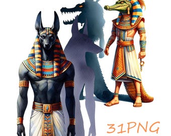 May include: An illustration of three Egyptian gods. The god on the left is Anubis, with a jackal head and a black body. He is wearing a gold and blue collar and a white kilt. The god in the center is a shadow of Anubis. The god on the right is Sobek, with a crocodile head and a human body. He is wearing a gold and blue crown and a white kilt. The background is white.