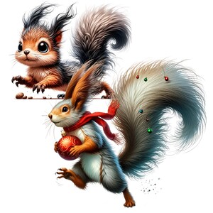 Puede incluir: Dos ardillas de dibujos animados, una marr&oacute;n y otra gris, con colas esponjosas. La ardilla gris sostiene un adorno navide&ntilde;o rojo.