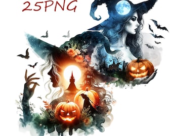 Mystical Halloween Witches Clipart: 25 PNG Images (Transparent Background)