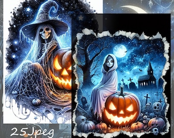 Halloween Witch Clipart, Spooky Postcard Designs (25 JPEG Files)