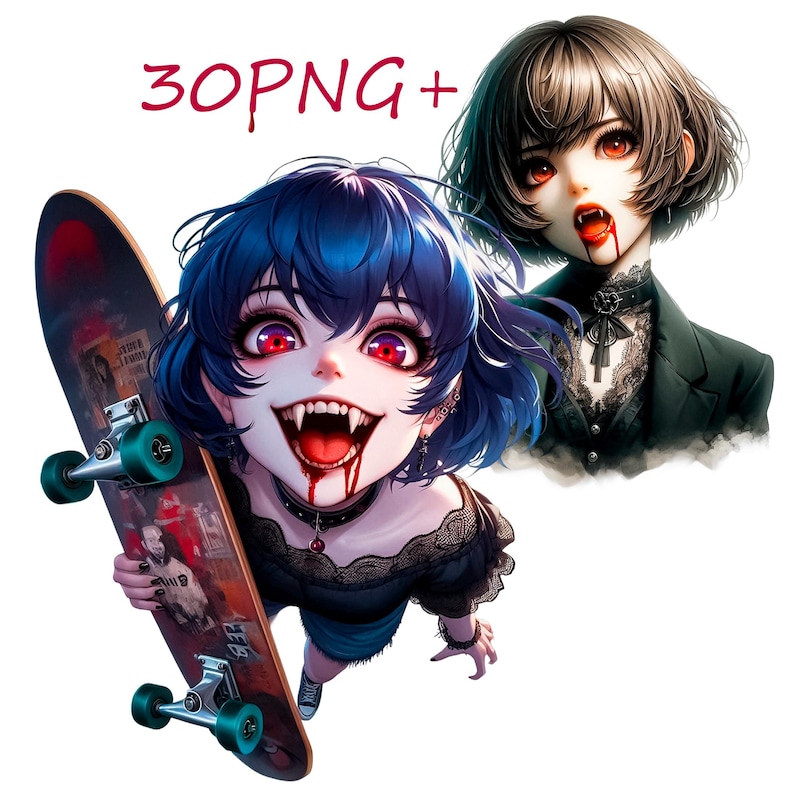 May include: Digital illustration of two anime-style vampire characters with red eyes and fangs. One holds a skateboard with a dark design. The image includes the text "30PNG+" in red. The characters are depicted with dark hair and wearing dark clothing.