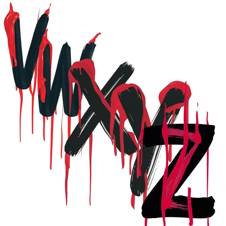 Pu&ograve; includere: Stampa d'arte astratta con le lettere "VIXX Z" in vernice nera e rossa. La vernice cola lungo le lettere, creando un effetto dinamico ed energico.