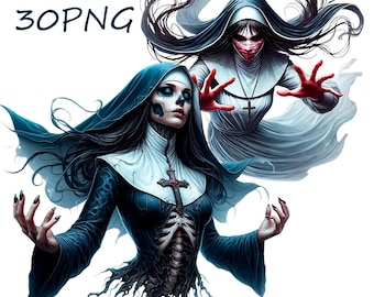 May include: Two women dressed as nuns, one in a white habit and the other in a blue habit with a skeletal torso. Both have long black hair and are depicted with a haunting expression.