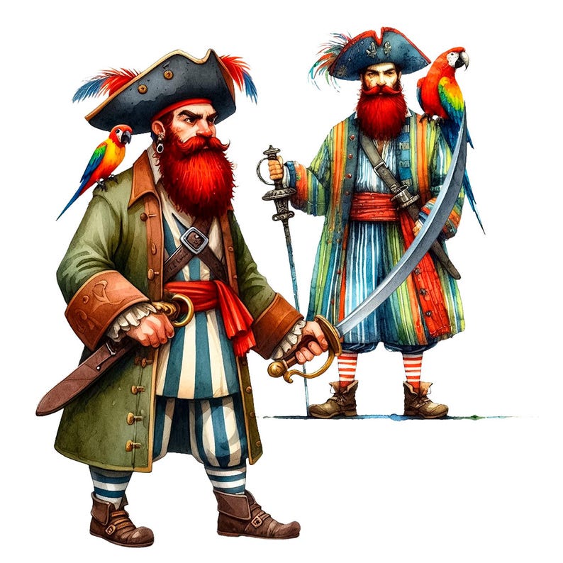 May include: Two cartoon pirates with red beards and feathered hats. One pirate is wearing a green coat and striped pants, holding a sword and a parrot. The other pirate is wearing a colorful coat and striped pants, holding a sword and a parrot.