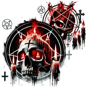 May include: A black and white skull with red eyes and flames, surrounded by a pentagram and candles. The skull is set against a black background with a white outline.