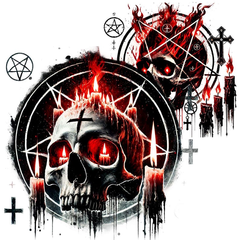 May include: A black and white skull with red eyes and flames, surrounded by a pentagram and candles. The skull is set against a black background with a white outline.