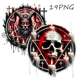 May include: Two red and black pentagram circles with candles and a skull and a horned demon in the center. The text "19 PNG" is in the upper right corner.