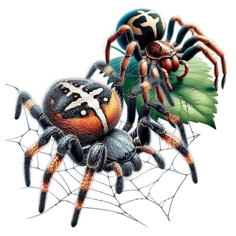 Pode incluir: Duas aranhas pretas e laranja com marcas brancas em seus abdomens. Uma aranha est&aacute; em uma teia, enquanto a outra est&aacute; em uma folha verde.