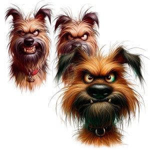 Puede incluir: Tres perros de dibujos animados con pelaje marr&oacute;n desgre&ntilde;ado y expresiones de enojo. Los perros llevan collares y tienen dientes afilados.