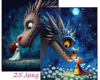 Dragon Princess Fantasy Clipart, Whimsical Art (25 JPEG Files)