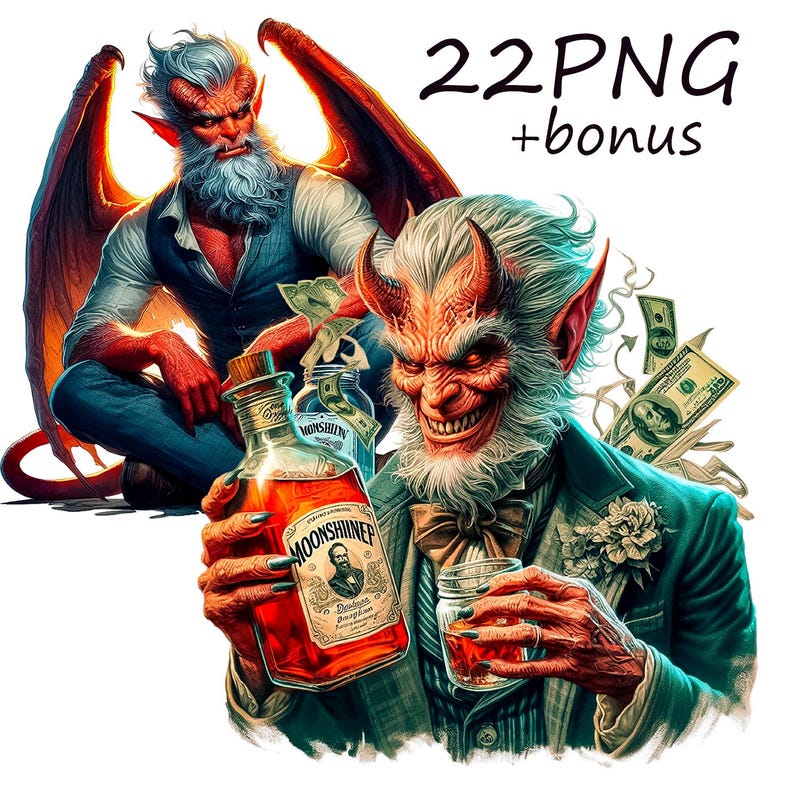 K&ouml;nnte beinhalten: Digitales Kunstwerk, das einen rot-h&auml;utigen D&auml;mon mit H&ouml;rnern, Fl&uuml;geln und einem wei&szlig;en Bart zeigt. Der D&auml;mon h&auml;lt eine Flasche "Moonshiner"-Lik&ouml;r und ein Glas Whiskey. Das Bild enth&auml;lt den Text "22PNG + bonus".