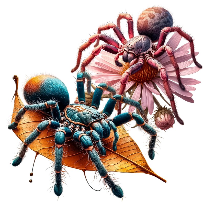 Pode incluir: Duas aranhas, uma azul e outra vermelha, est&atilde;o empoleiradas em uma folha e uma flor. A aranha azul tem um abd&ocirc;men laranja brilhante e est&aacute; em uma folha marrom. A aranha vermelha tem um abd&ocirc;men roxo escuro e est&aacute; em uma flor rosa com um centro amarelo.