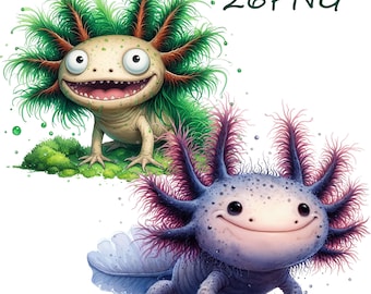 May include: Two cartoon axolotls, one with green and orange hair and the other with purple and blue hair. Both axolotls are smiling with their mouths open.