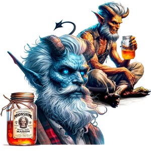 K&ouml;nnte beinhalten: Illustration von zwei geh&ouml;rnten, blauh&auml;utigen Figuren mit leuchtend blauen Augen. Eine Figur h&auml;lt ein Glas Moonshine, und die andere steht neben einem Glas Moonshine mit der Aufschrift "Roddy's Antique Moonshine".