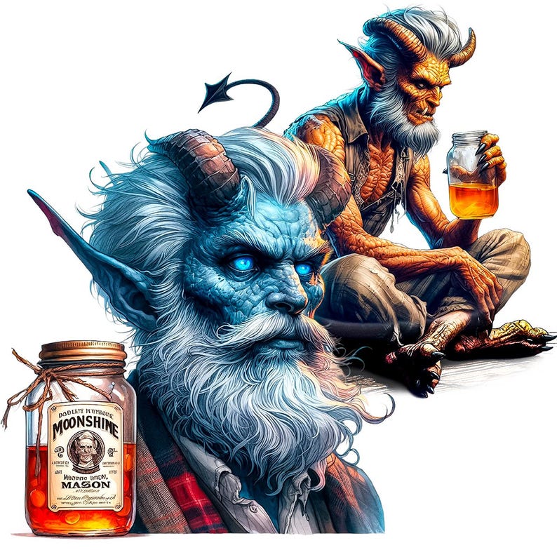 K&ouml;nnte beinhalten: Illustration von zwei geh&ouml;rnten, blauh&auml;utigen Figuren mit leuchtend blauen Augen. Eine Figur h&auml;lt ein Glas Moonshine, und die andere steht neben einem Glas Moonshine mit der Aufschrift "Roddy's Antique Moonshine".