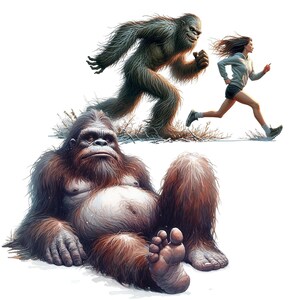 May include: A digital illustration of three figures. Two are large, hairy, and ape-like, one is running and the other is sitting with its legs outstretched. The third figure is a woman running in a white shirt and black shorts.