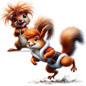 Puede incluir: Dos ardillas de dibujos animados, una con un atuendo de Pap&aacute; Noel rojo y blanco con ribete de piel blanca, la otra con pelaje marr&oacute;n y una cola tupida. La ardilla con el atuendo de Pap&aacute; Noel corre y levanta nieve.