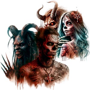 May include: A digital illustration featuring four figures with demonic characteristics. The figures are portrayed in a dark and stylised manner, with red, black, and white colours. The figures have horns, skulls, and other demonic attributes. The background is white.
