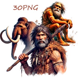 May include: A painting depicting a group of prehistoric people. A man with a beard and long hair is holding a spear. A woman with long white hair is sitting on the ground. A woolly mammoth is standing in the background.