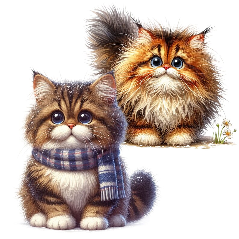 Puede incluir: Dos gatos esponjosos con pelo largo. Un gato lleva una bufanda de cuadros azules y blancos. Ambos gatos tienen ojos azules.