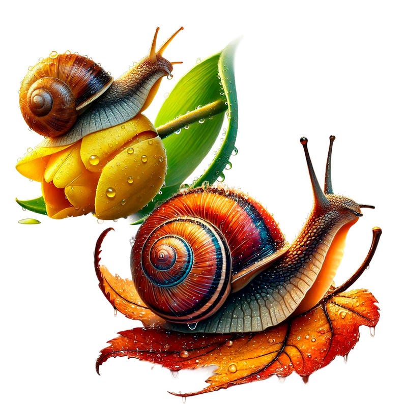 Puede incluir: Dos caracoles, uno en una flor amarilla con hojas verdes y el otro en una hoja marr&oacute;n con acentos naranja y rojo. Ambos caracoles tienen intrincados patrones de concha.