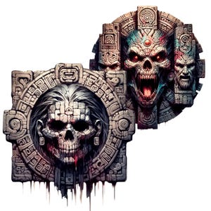 Pode incluir: Duas esculturas de cr&acirc;nios de pedra com detalhes intrincados. As esculturas est&atilde;o inseridas em uma moldura circular com desenhos inspirados nos maias. Os cr&acirc;nios t&ecirc;m uma express&atilde;o amea&ccedil;adora com dentes afiados e olhos vermelhos brilhantes.