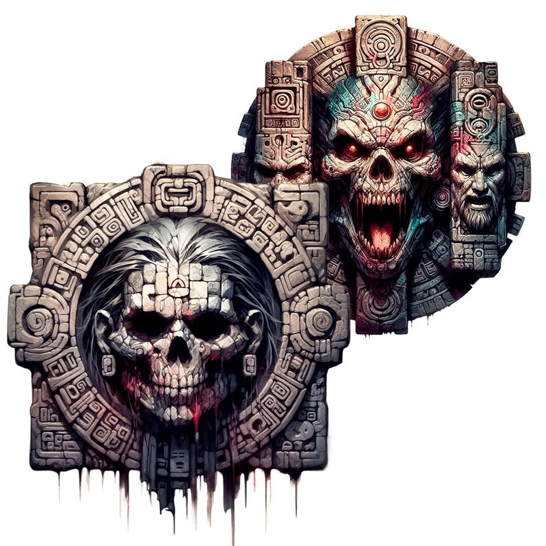 Pode incluir: Duas esculturas de cr&acirc;nios de pedra com detalhes intrincados. As esculturas est&atilde;o inseridas em uma moldura circular com desenhos inspirados nos maias. Os cr&acirc;nios t&ecirc;m uma express&atilde;o amea&ccedil;adora com dentes afiados e olhos vermelhos brilhantes.