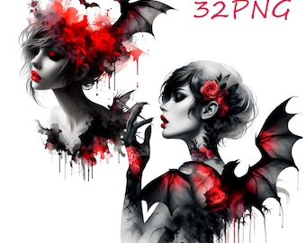 Vampyr akvarell Clipart: Gotisk vampyrflicka PNG (32 filer)