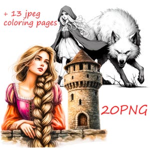 May include: A digital illustration of a fairytale scene with a young woman with long blonde hair, a tower, a wolf, and a woman in a red hooded cloak. The image is in black and white with the text "20 PNG" and " + 13 jpeg coloring pages" in red.