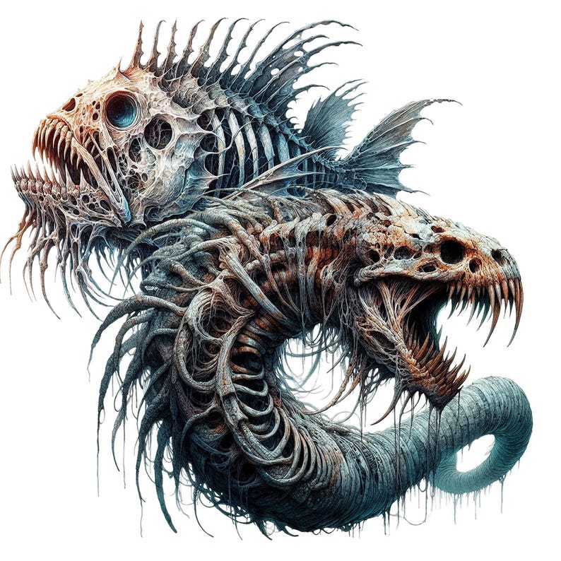 Op de afbeelding: Een skeletachtig, monstrueus wezen met een viskop en een slangachtig lichaam. Het wezen heeft een gapende bek met scherpe tanden en een verrotte, benige textuur.