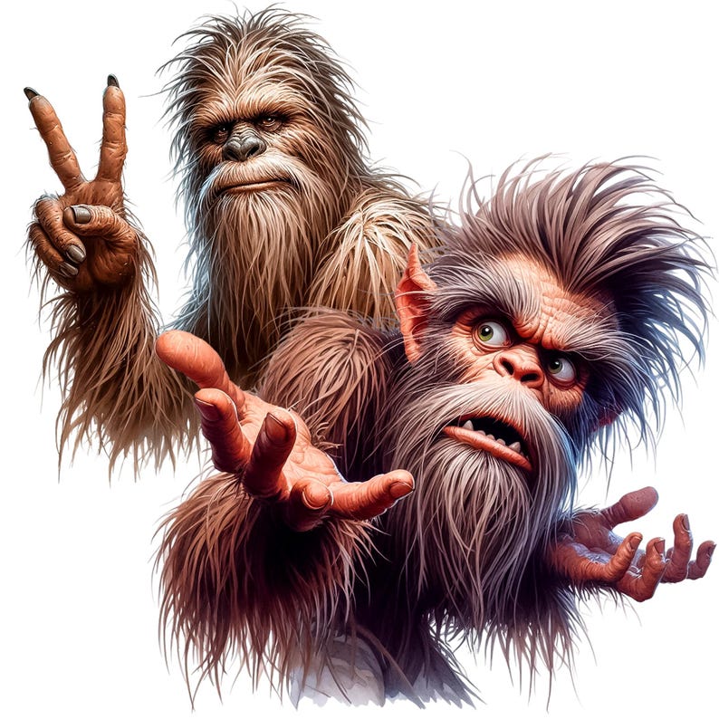 Puede incluir: Ilustraci&oacute;n de dos criaturas de Bigfoot. Una hace el signo de la paz con los dedos, mientras que la otra tiene una cara expresiva con las manos abiertas. Las criaturas est&aacute;n cubiertas de pelaje marr&oacute;n y tienen rasgos humanos.