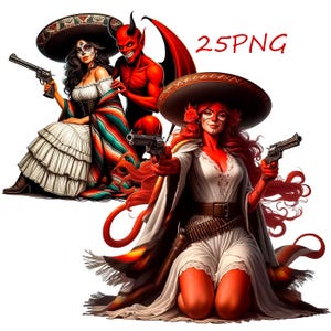 Könnte beinhalten: Digitale Illustration mit zwei Figuren in mexikanischer Kleidung, eine mit teuflischem Aussehen. Beide halten Waffen. Der Text "25PNG" ist im Bild enthalten. Die Figuren sind vor weißem Hintergrund dargestellt.