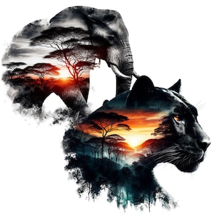 May include: A black panther and an elephant are silhouetted against a sunset landscape. The animals are partially transparent, revealing the trees and sky behind them.