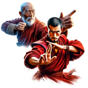 May include: Two men in red robes are practicing martial arts. The man in the foreground is younger and has a beard. The man in the background is older and has a white beard. Both men have serious expressions on their faces.