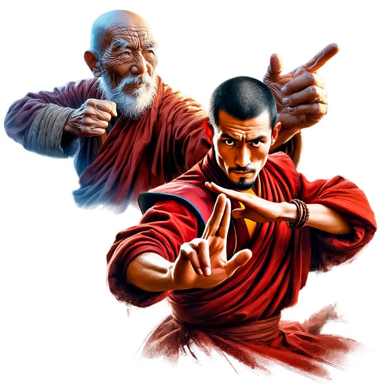 May include: Two men in red robes are practicing martial arts. The man in the foreground is younger and has a beard. The man in the background is older and has a white beard. Both men have serious expressions on their faces.