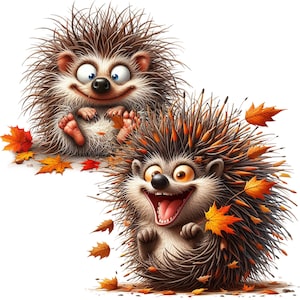 May include: Two cartoon hedgehogs with brown and white fur, one with a wide smile and the other with a surprised expression. They are surrounded by autumn leaves in shades of orange, red, and yellow.