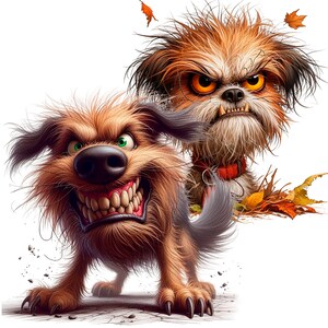 Puede incluir: Dos perros de dibujos animados con expresiones de enfado. El perro en primer plano es marr&oacute;n con una sonrisa de dientes y una cola larga y tupida. El perro en el fondo es marr&oacute;n y blanco con un pelaje peludo y un collar rojo.