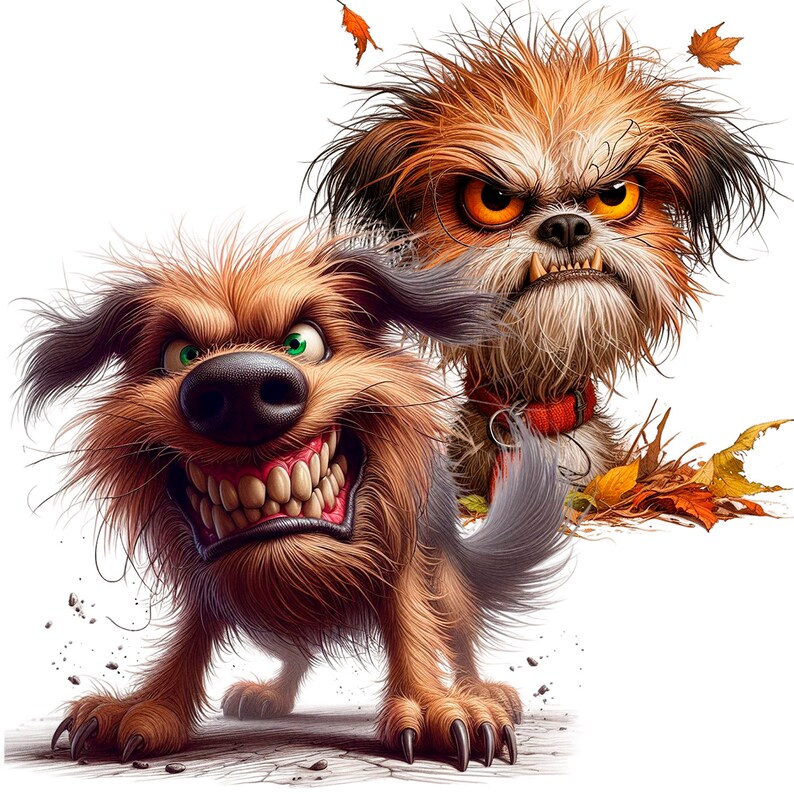 Puede incluir: Dos perros de dibujos animados con expresiones de enfado. El perro en primer plano es marr&oacute;n con una sonrisa de dientes y una cola larga y tupida. El perro en el fondo es marr&oacute;n y blanco con un pelaje peludo y un collar rojo.